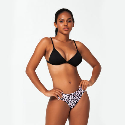 Solid Color Top Leopard Print Brief Two Piece Bikini Swimsuit Set - Quaworth