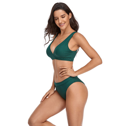 Solid Color V Neck Triangle Split Bikini Swimsuit Set - Quaworth