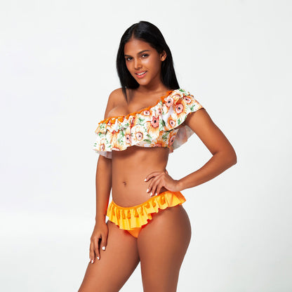 Sunflower Print Ruffle Bikini Swimsuit Set - Quaworth
