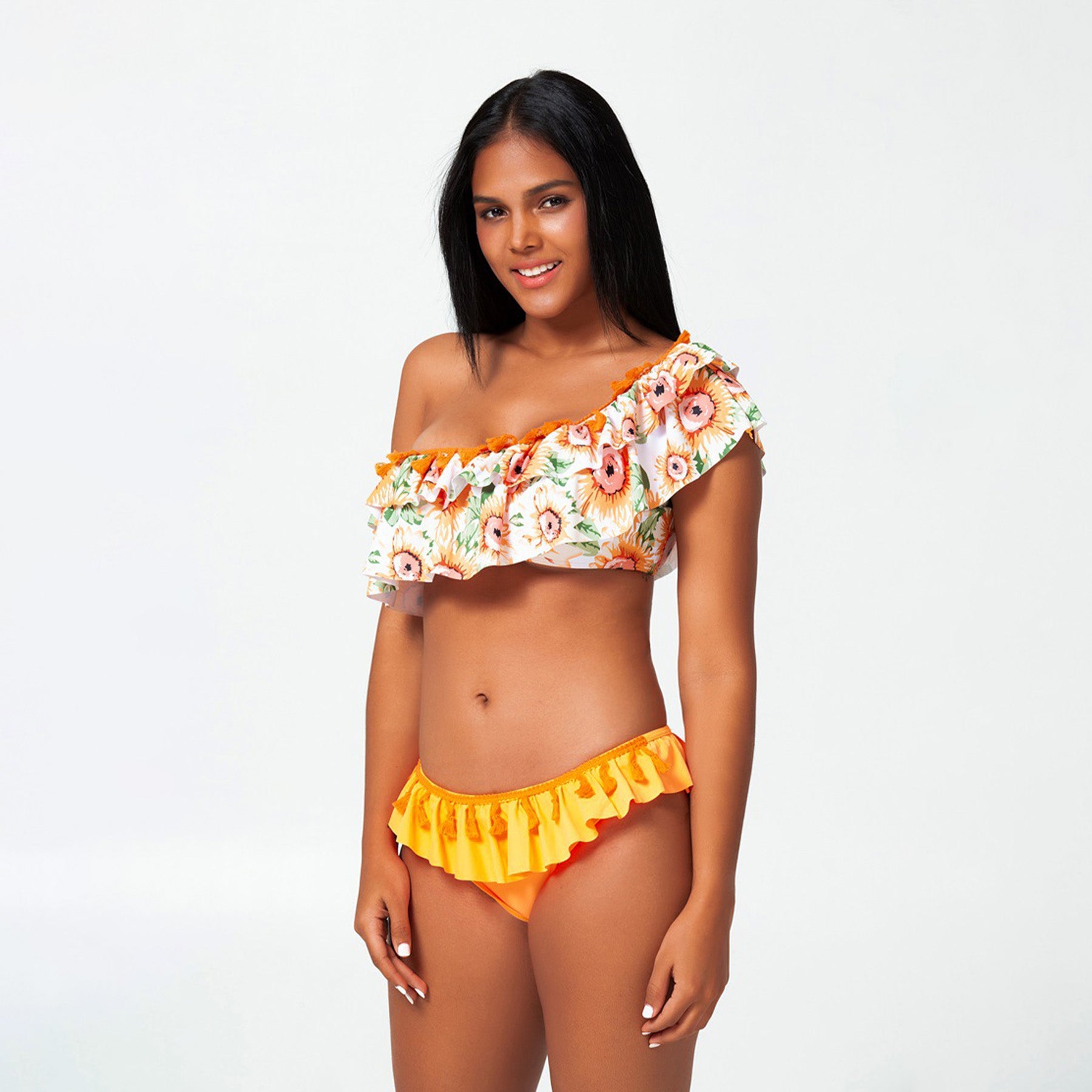 Sunflower Print Ruffle Bikini Swimsuit Set - Quaworth