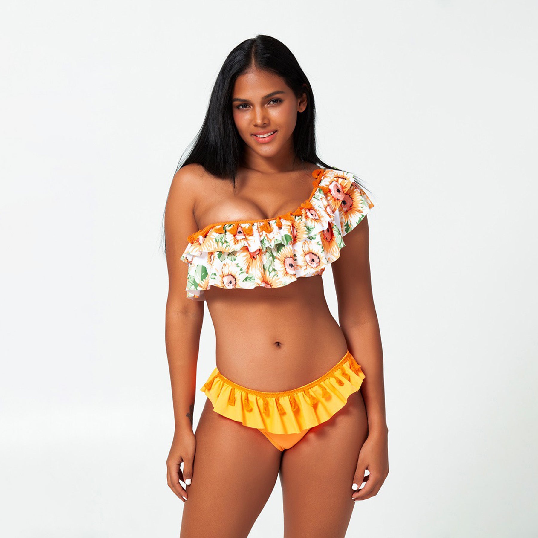 Sunflower Print Ruffle Bikini Swimsuit Set - Quaworth