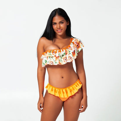 Sunflower Print Ruffle Bikini Swimsuit Set - Quaworth
