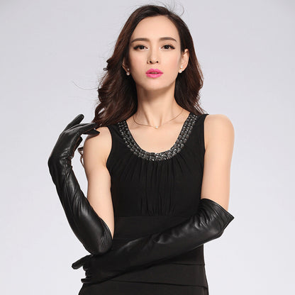 Solid Color Thermal Leather Velvet Lined Elbow Gloves - Quaworth