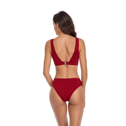 Solid Color V Neck Triangle Split Bikini Swimsuit Set - Quaworth