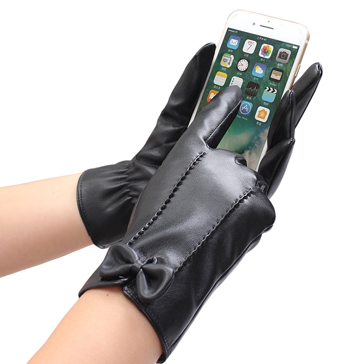 Solid Color Bowknot Seam Detail Thermal Vegan Leather Touch Screen Wrist Gloves - Quaworth