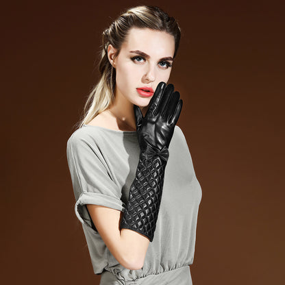 Grid Bowknot Thermal Leather Fleece Lined Touch Screen Elbow Gloves - Quaworth