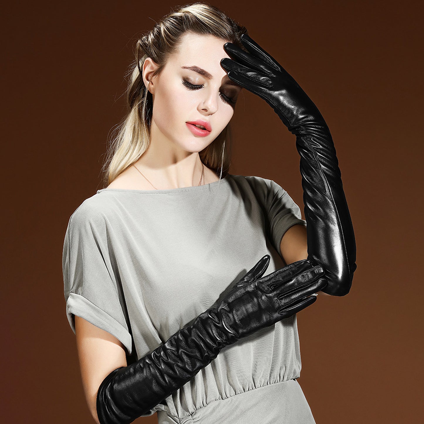Solid Color Thermal Leather Fleece Lined Touch Screen Over Elbow Gloves - Quaworth