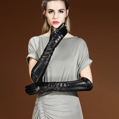 Solid Color Thermal Leather Fleece Lined Touch Screen Over Elbow Gloves - Quaworth