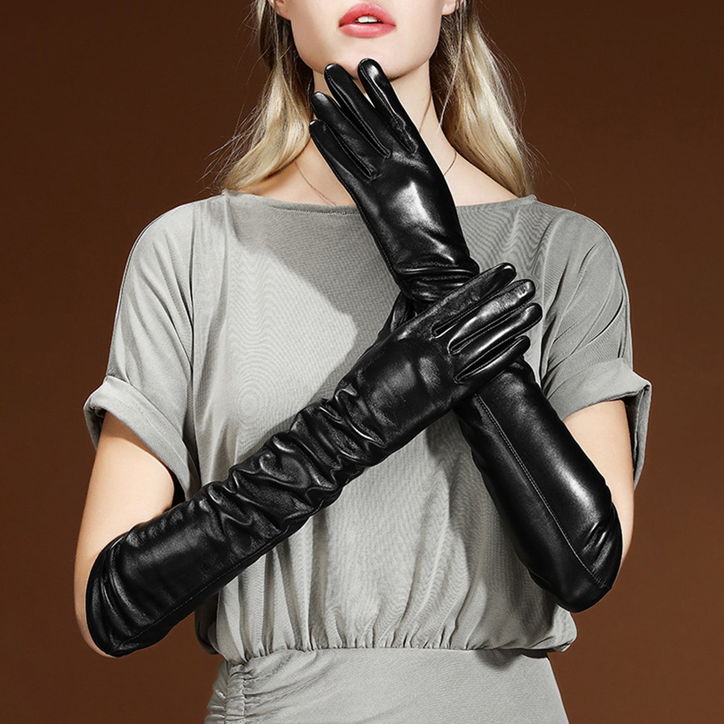 Solid Color Thermal Leather Fleece Lined Touch Screen Over Elbow Gloves - Quaworth