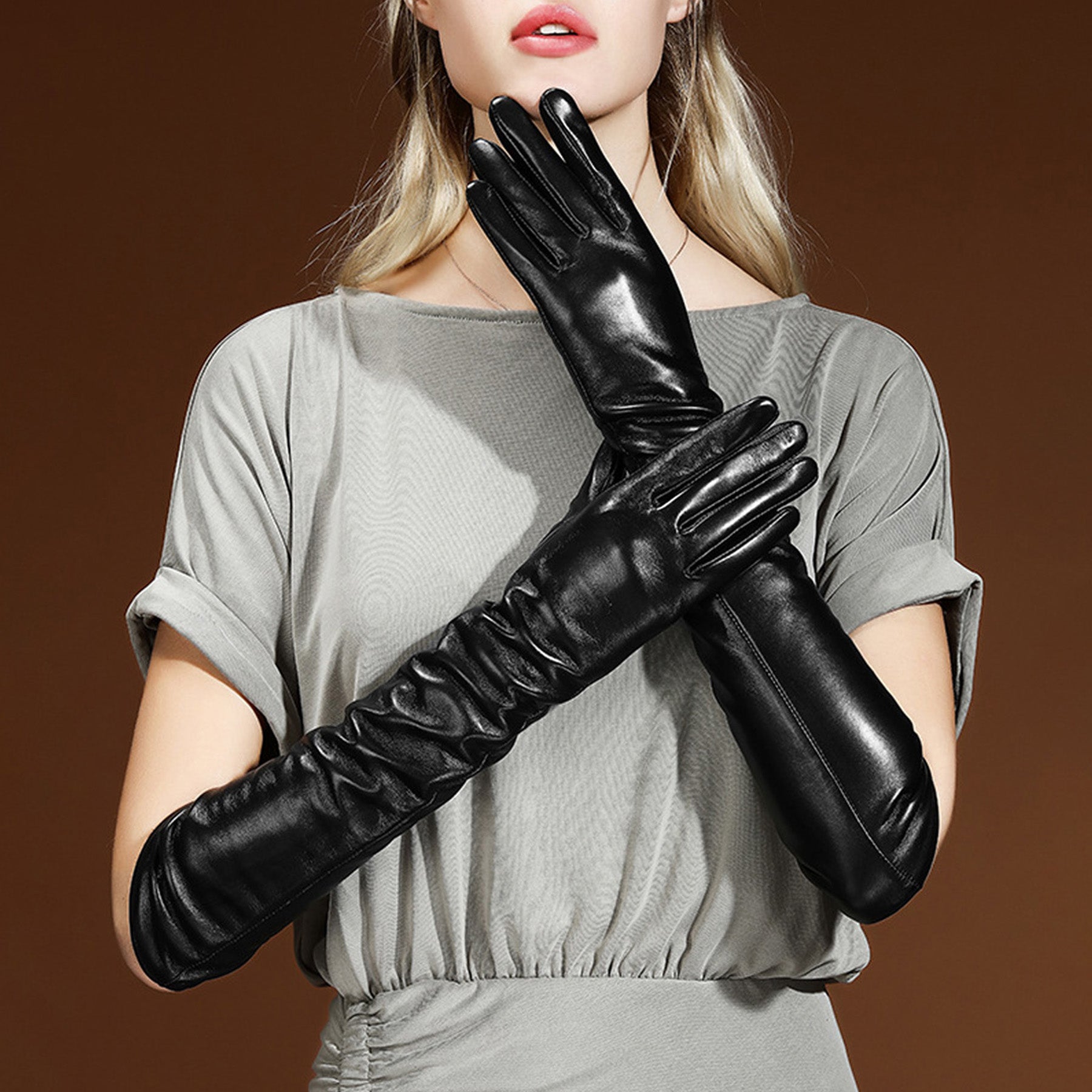 Solid Color Thermal Leather Fleece Lined Touch Screen Over Elbow Gloves - Quaworth