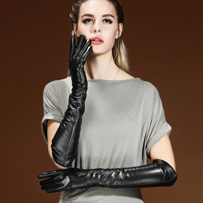 Solid Color Thermal Leather Fleece Lined Touch Screen Over Elbow Gloves - Quaworth
