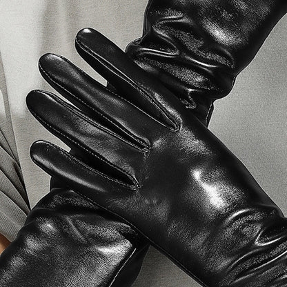 Solid Color Thermal Leather Fleece Lined Touch Screen Over Elbow Gloves - Quaworth