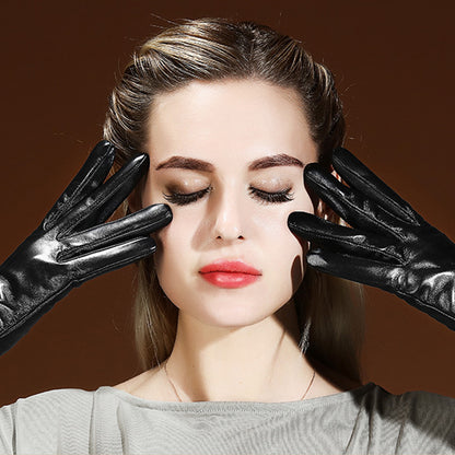 Grid Bowknot Thermal Leather Fleece Lined Touch Screen Elbow Gloves - Quaworth