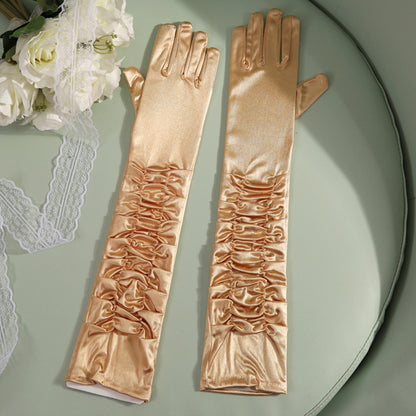 Satin Solid Color Folds Elbow Gloves - Quaworth