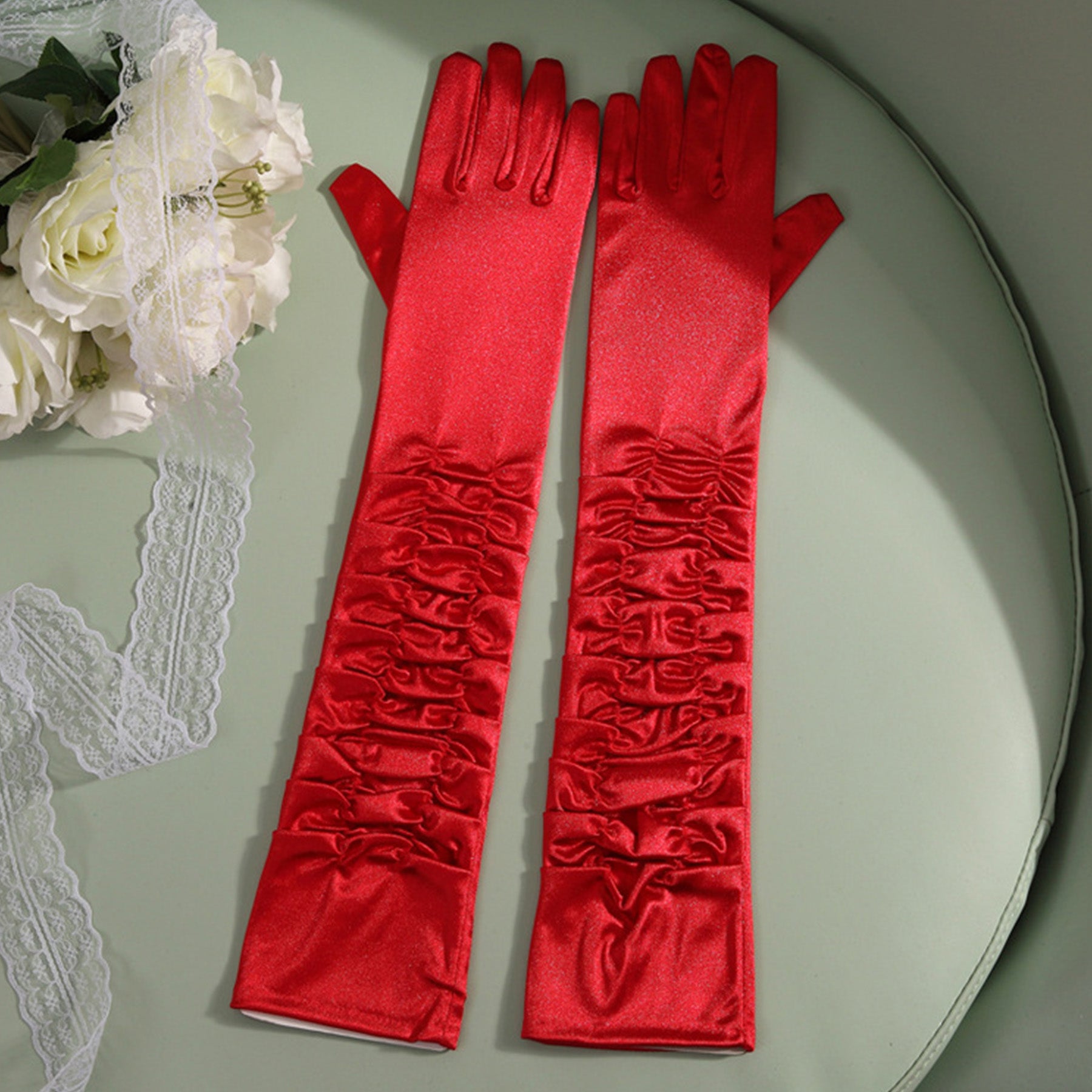 Satin Solid Color Folds Elbow Gloves - Quaworth