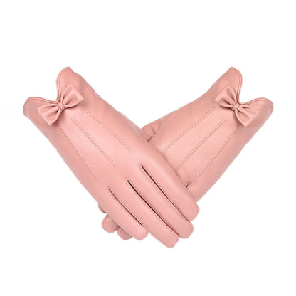 Solid Color Bowknot Seam Detail Thermal Vegan Leather Touch Screen Wrist Gloves - Quaworth