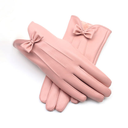 Solid Color Bowknot Seam Detail Thermal Vegan Leather Touch Screen Wrist Gloves - Quaworth