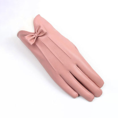 Solid Color Bowknot Seam Detail Thermal Vegan Leather Touch Screen Wrist Gloves - Quaworth
