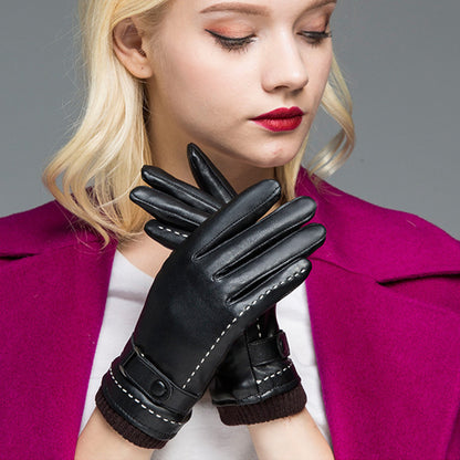 White Seam Detail Button Thermal Vegan Leather Touch Screen Wrist Gloves - Quaworth