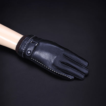 White Seam Detail Button Thermal Vegan Leather Touch Screen Wrist Gloves - Quaworth