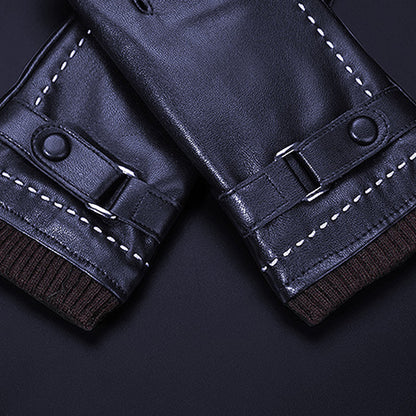 White Seam Detail Button Thermal Vegan Leather Touch Screen Wrist Gloves - Quaworth
