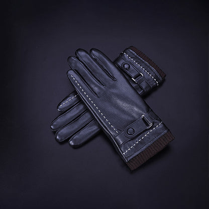 White Seam Detail Button Thermal Vegan Leather Touch Screen Wrist Gloves - Quaworth