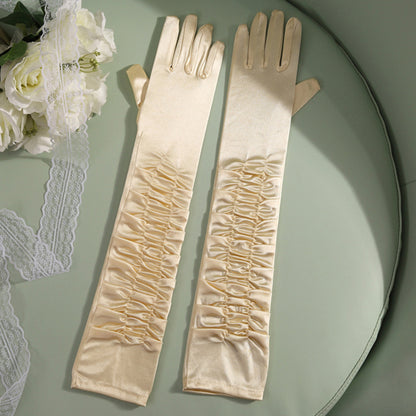 Satin Solid Color Folds Elbow Gloves - Quaworth