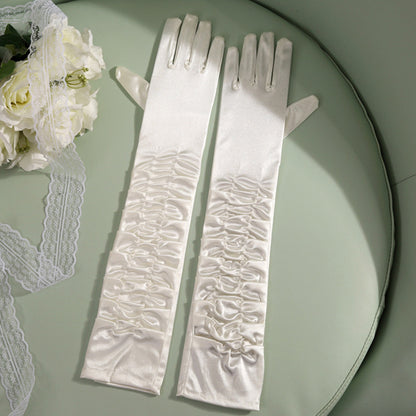 Satin Solid Color Folds Elbow Gloves - Quaworth