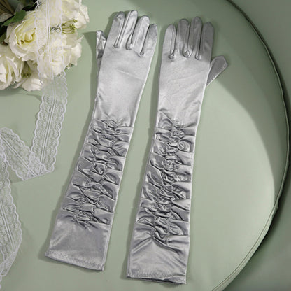 Satin Solid Color Folds Elbow Gloves - Quaworth