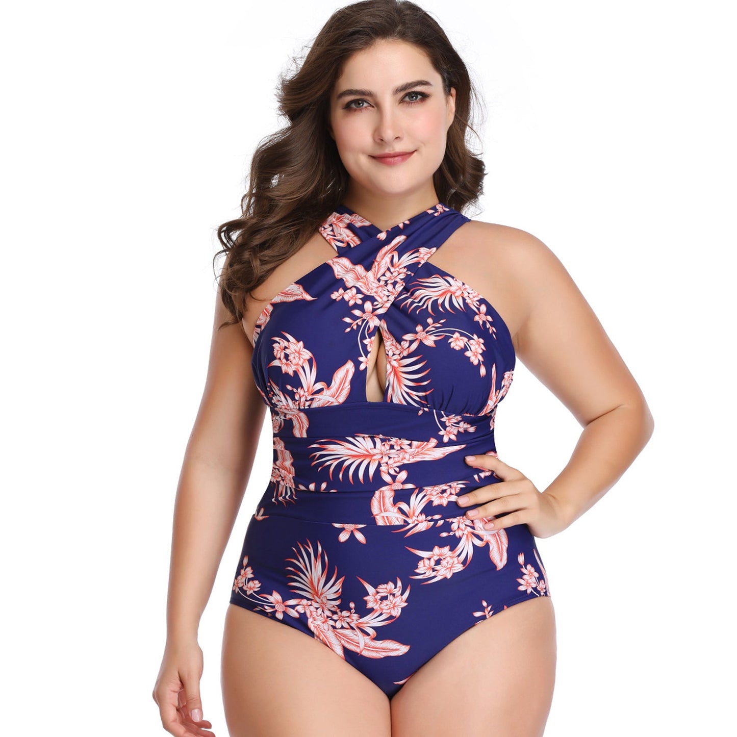Floral Print Cross Halter Pleated One Piece Swimsuit - Quaworth