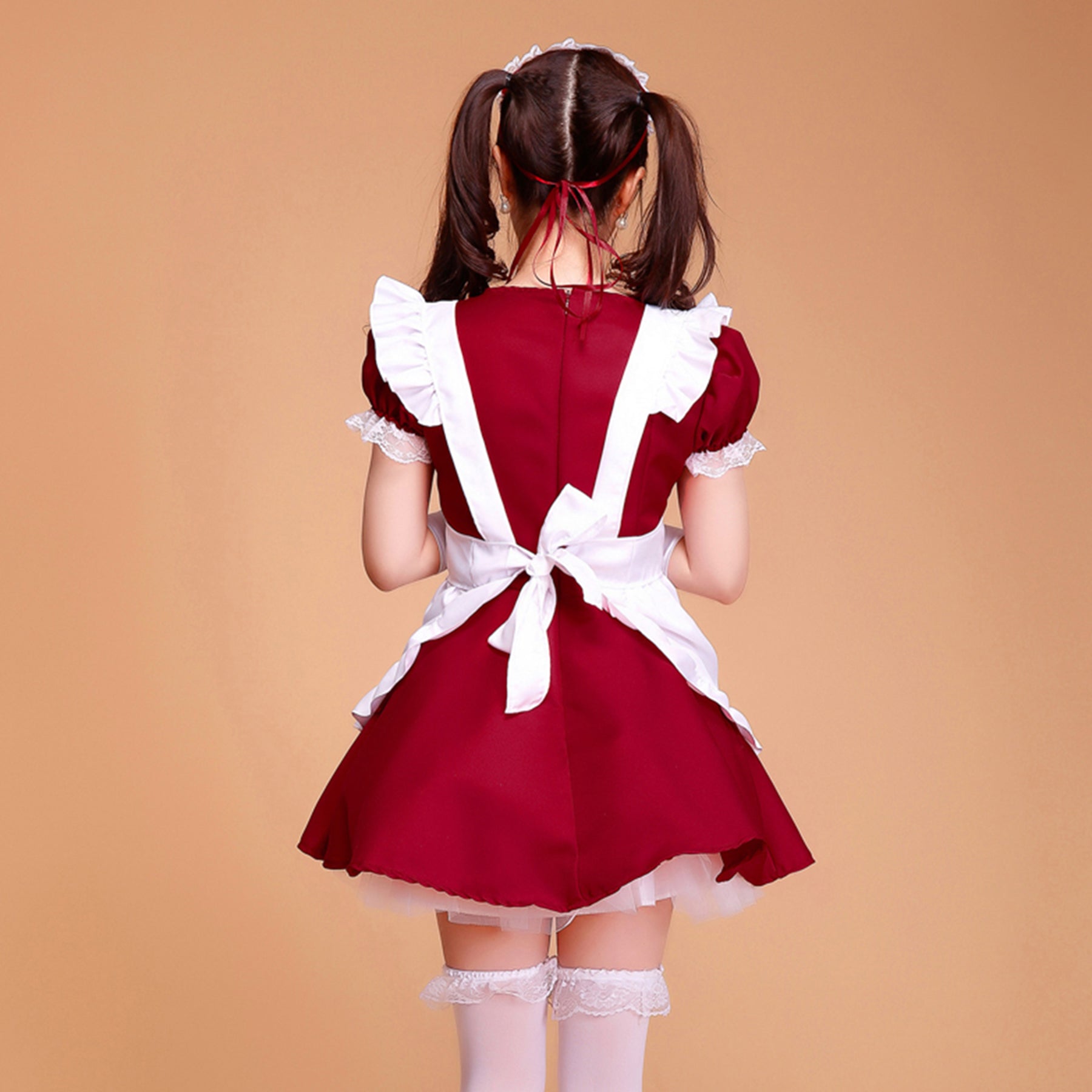 Puff Sleeve Collarless Ribbon Apron Maid Dress - Quaworth