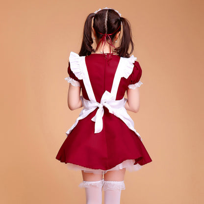 Puff Sleeve Collarless Ribbon Apron Maid Dress - Quaworth