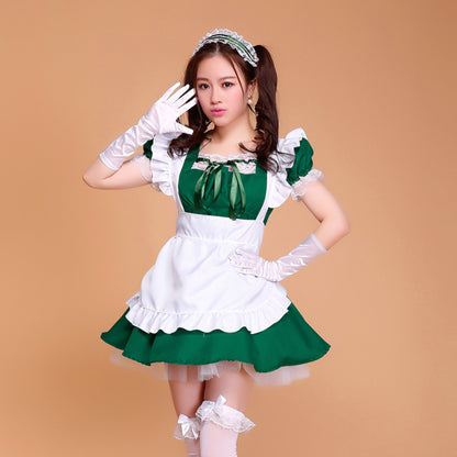 Puff Sleeve Collarless Ribbon Apron Maid Dress - Quaworth