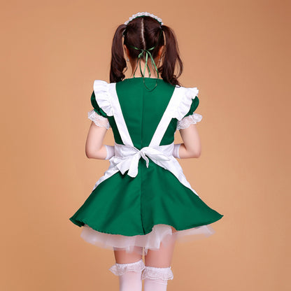 Puff Sleeve Collarless Ribbon Apron Maid Dress - Quaworth