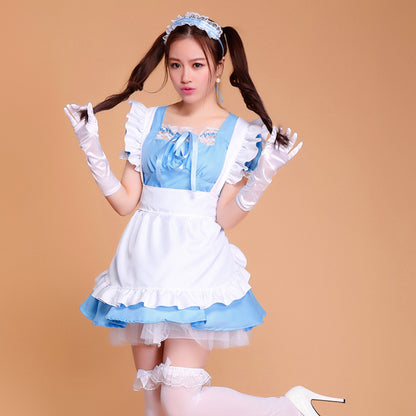 Puff Sleeve Collarless Ribbon Apron Maid Dress - Quaworth