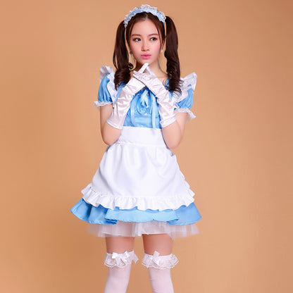 Puff Sleeve Collarless Ribbon Apron Maid Dress - Quaworth