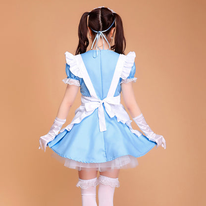 Puff Sleeve Collarless Ribbon Apron Maid Dress - Quaworth