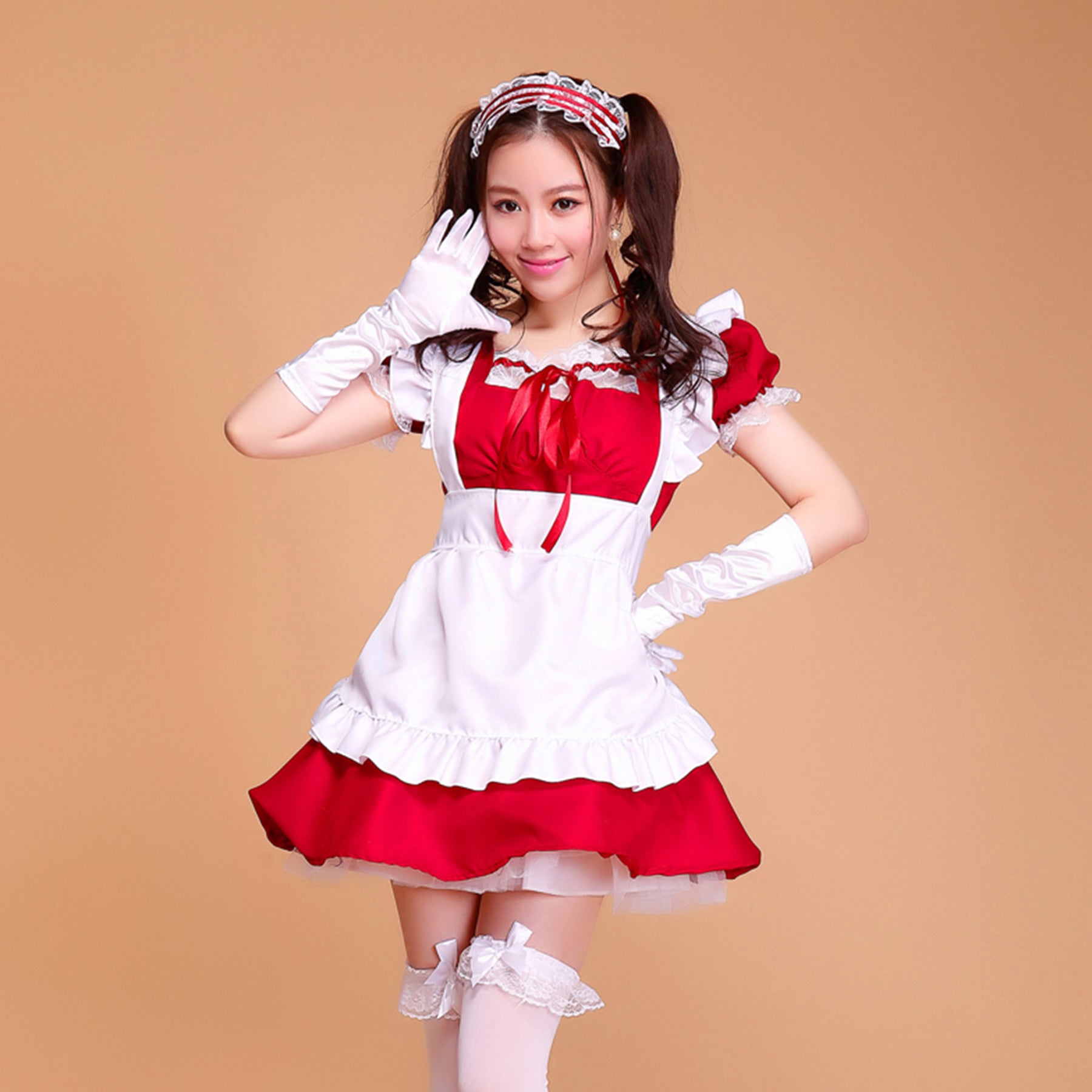 Puff Sleeve Collarless Ribbon Apron Maid Dress - Quaworth