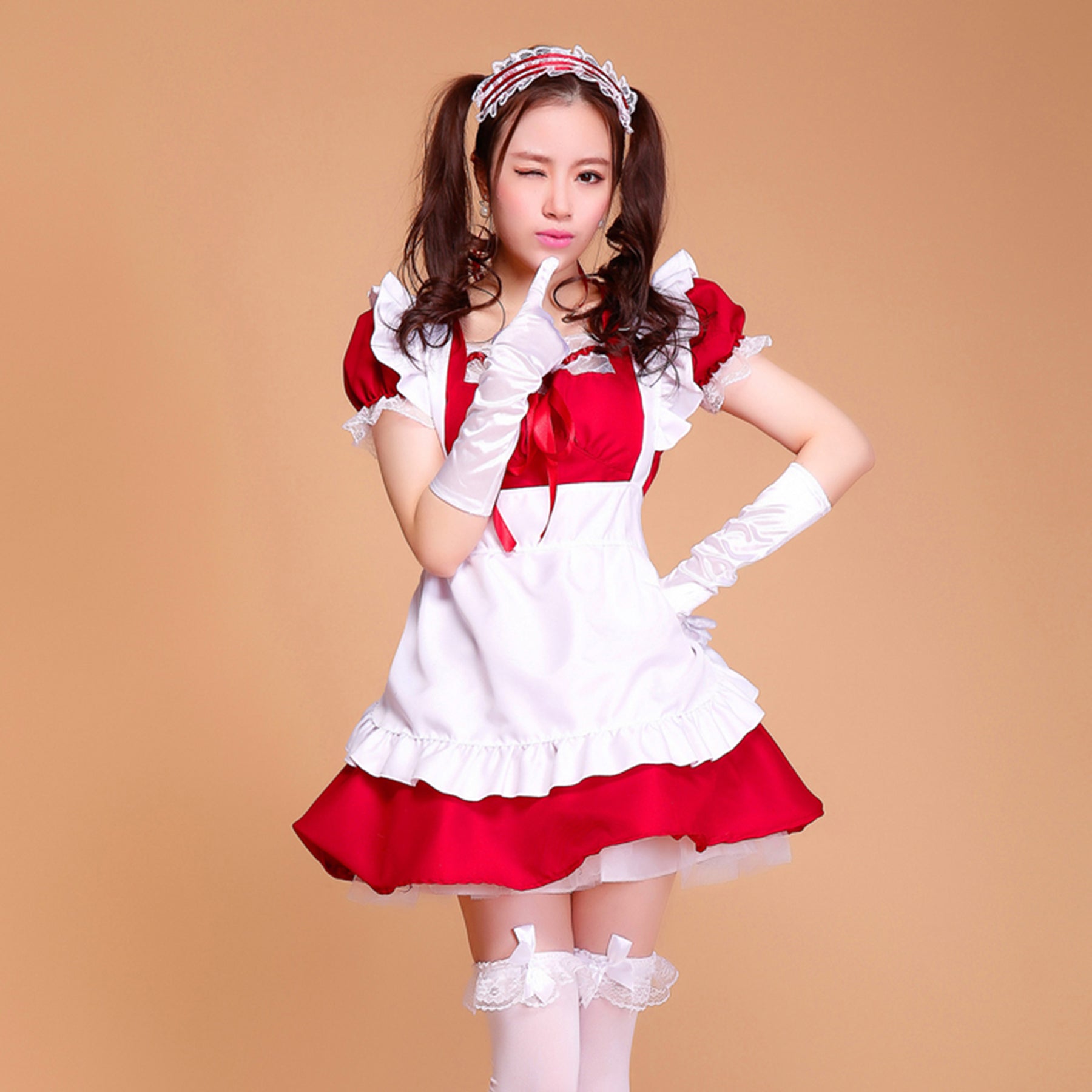 Puff Sleeve Collarless Ribbon Apron Maid Dress - Quaworth