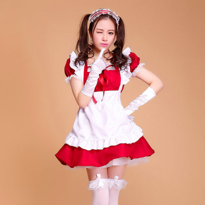 Puff Sleeve Collarless Ribbon Apron Maid Dress - Quaworth