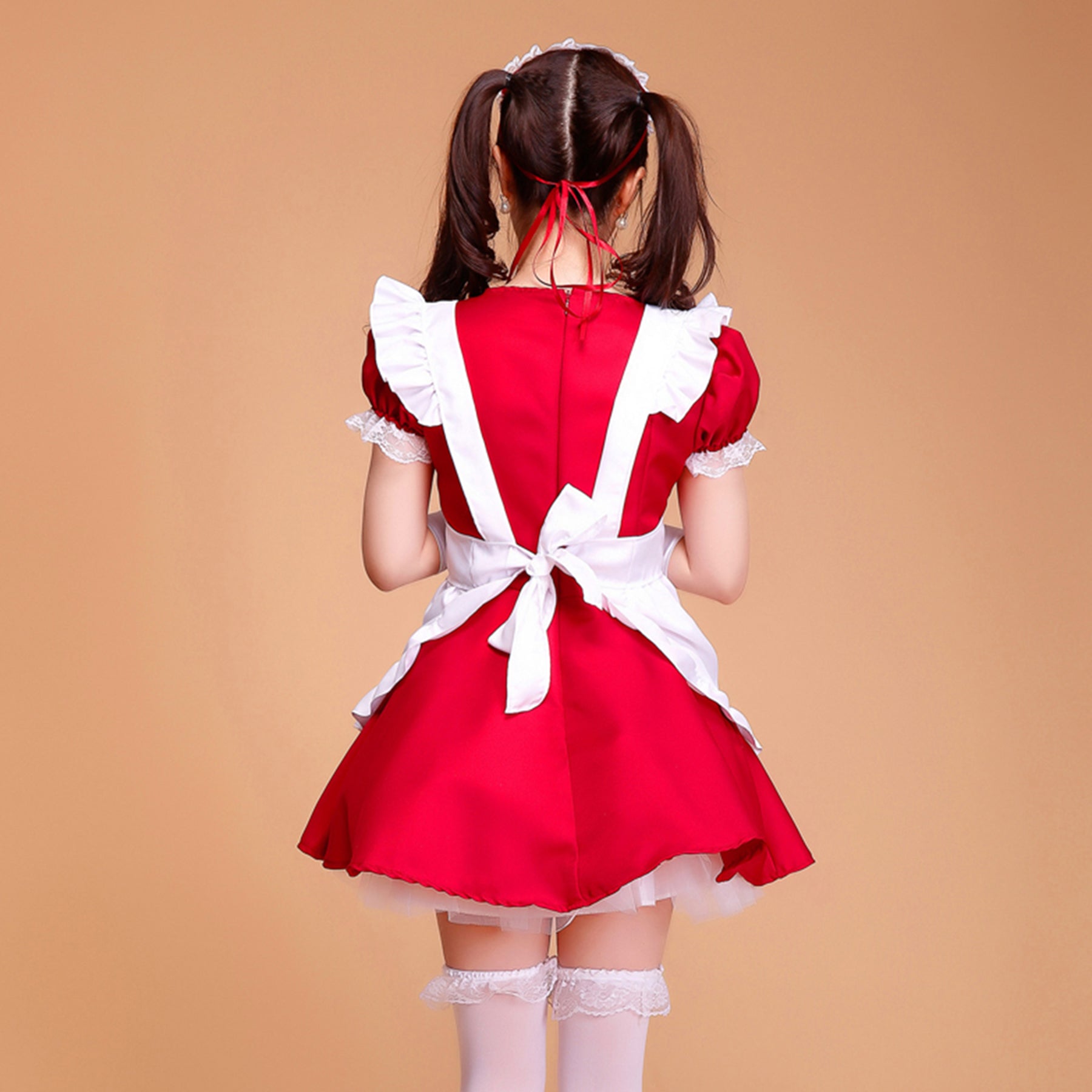 Puff Sleeve Collarless Ribbon Apron Maid Dress - Quaworth