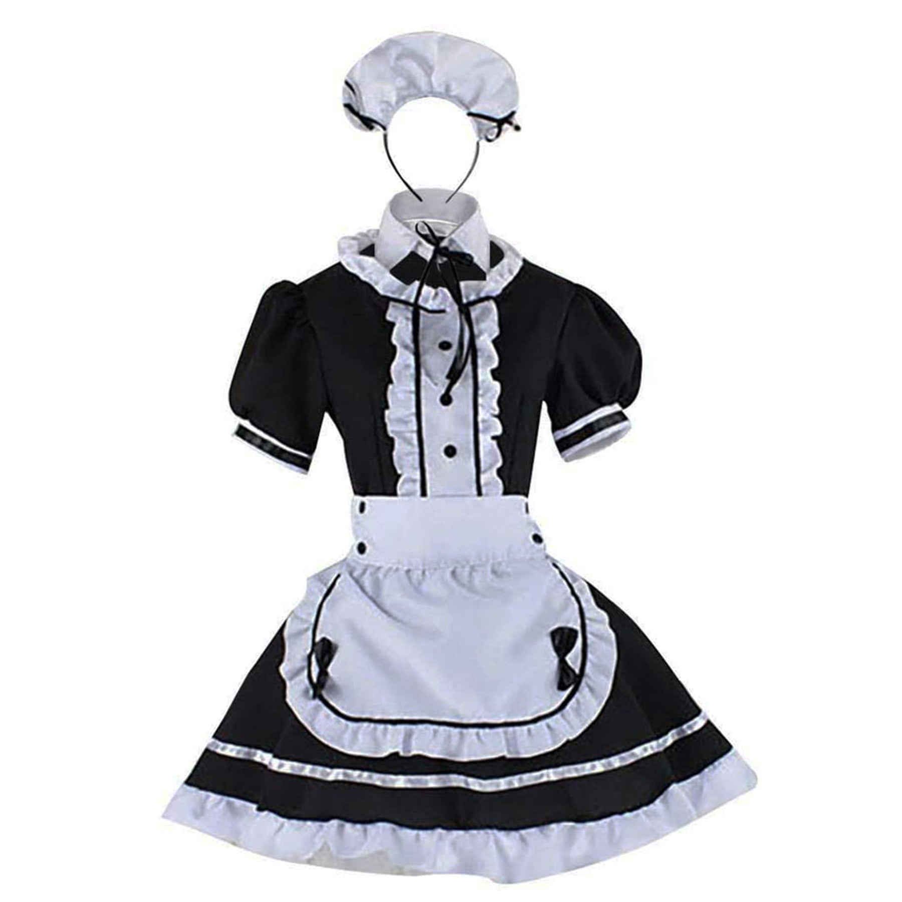 Puff Sleeve Button Bow Apron Maid Dress - Quaworth