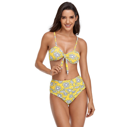 Floral Print Bowknot High Rise Bikini Swimsuit Set - Quaworth