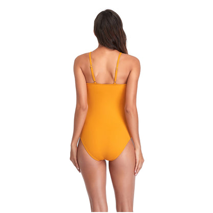 Solid Color Bow Narrow Shoulder Band One Piece Swimsuit - Quaworth