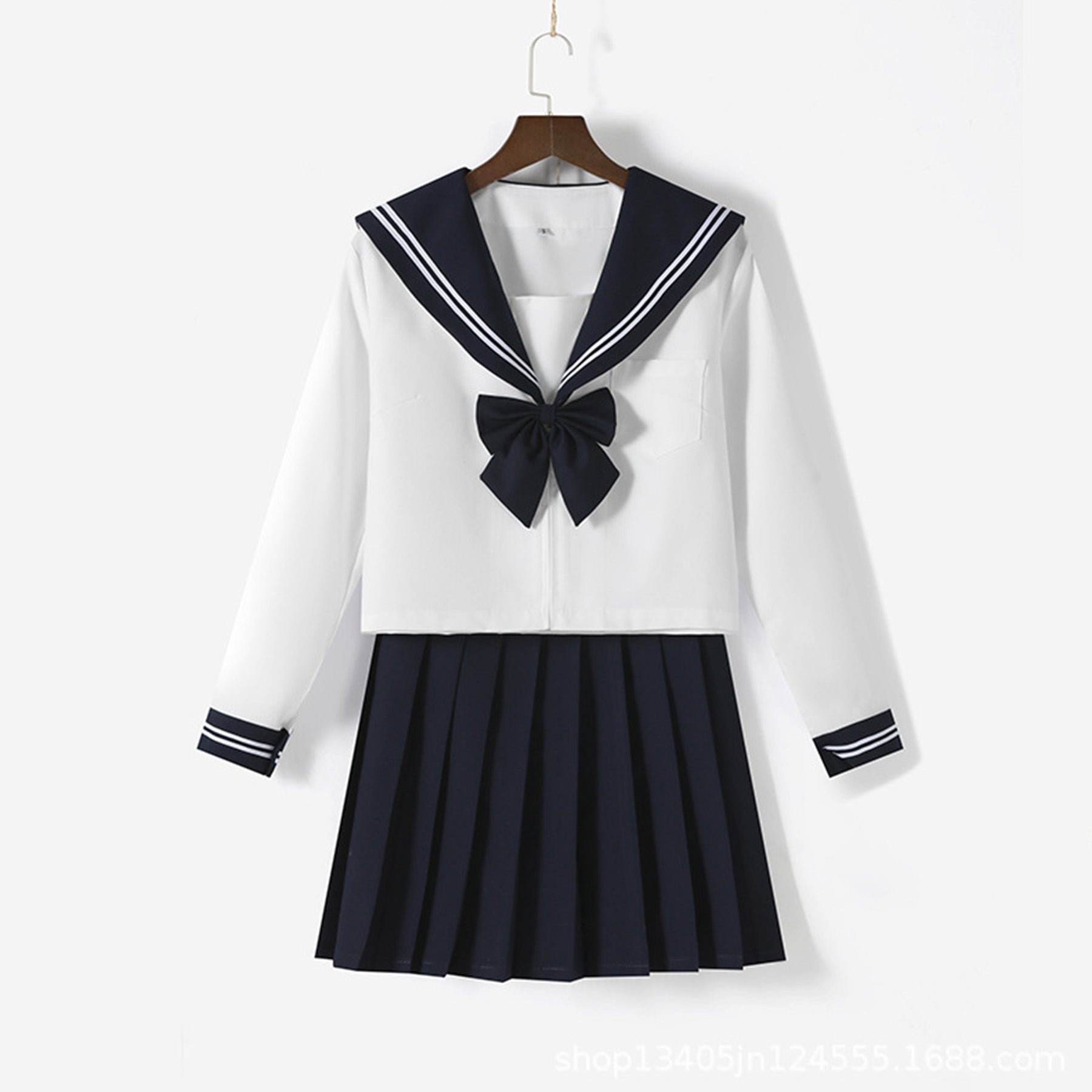 White Navy Broad Collar Two Line Square Flap Cravat Bow Sailor School Uniform - Quaworth