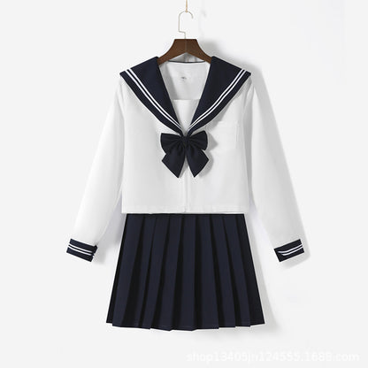 White Navy Broad Collar Two Line Square Flap Cravat Bow Sailor School Uniform - Quaworth