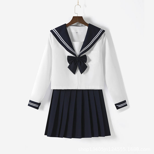 White Navy Broad Collar Two Line Square Flap Cravat Bow Sailor School Uniform - Quaworth