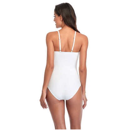 Solid Color Bow Narrow Shoulder Band One Piece Swimsuit - Quaworth