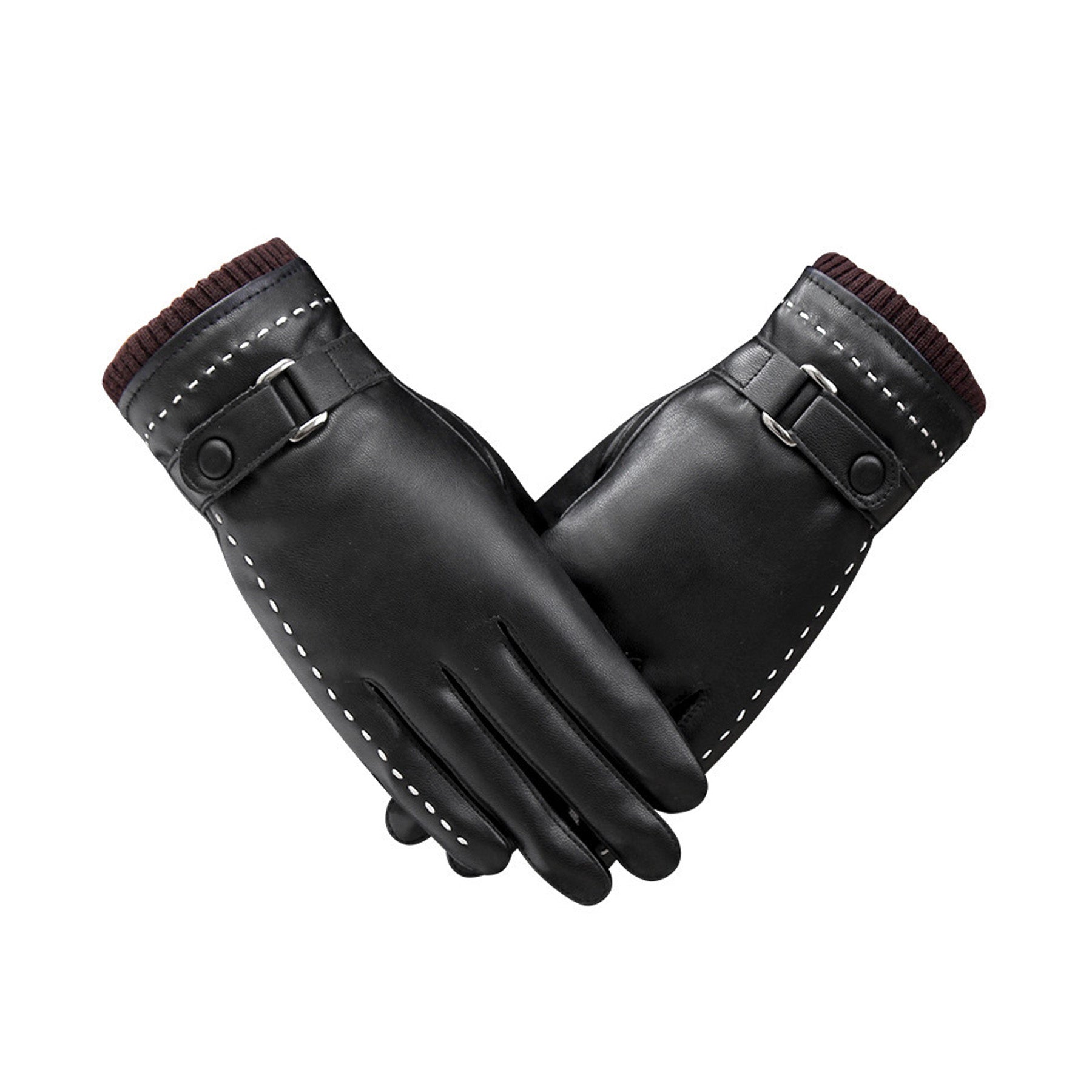 White Seam Detail Button Thermal Vegan Leather Touch Screen Wrist Gloves - Quaworth