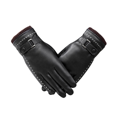White Seam Detail Button Thermal Vegan Leather Touch Screen Wrist Gloves - Quaworth